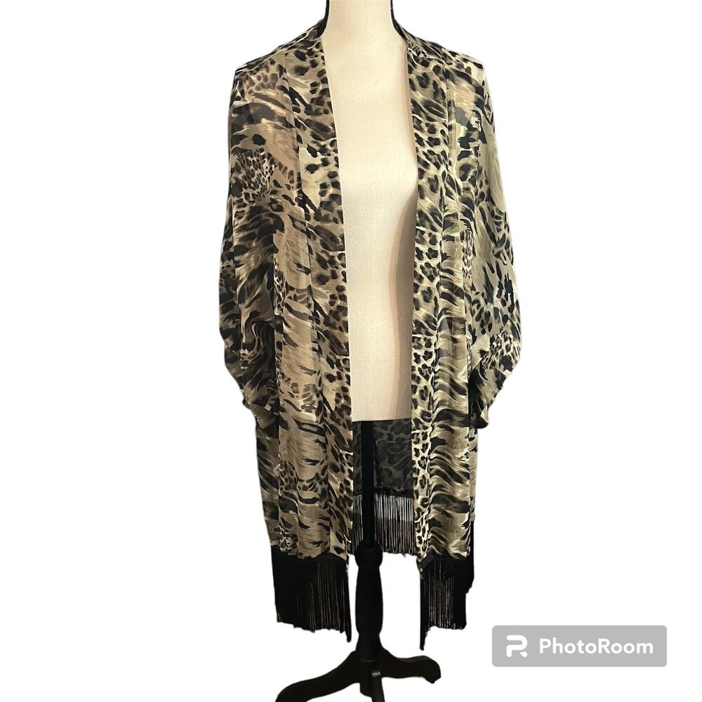 Steven Madden Women's Black Brown Leopard Fringe Sheer Kimono Sz One Size Plus